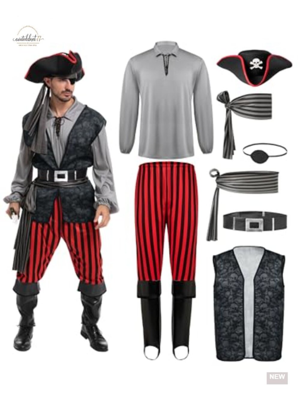 Men's Pirate Costume Set Shirt Vest Pants Hat Halloween Cosplay 8 Piece